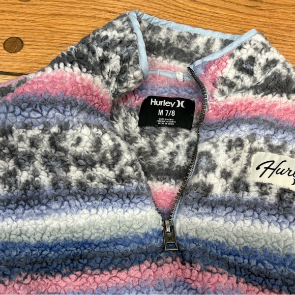 Hurley Girls 7/8 Sherpa pink leopard Striped Fleece pullover top - Picture 3 of 4